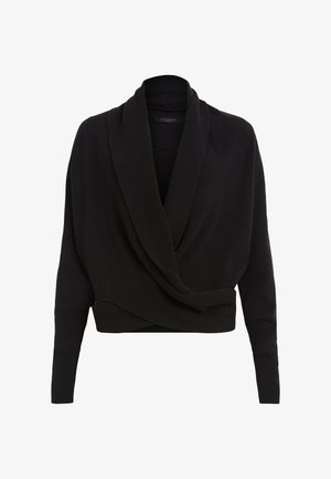 Schwarze kurze Strickjacke mit einem fließenden Schalkragen, geripptem Muster, langen Ärmeln und tailliertem Schnitt.