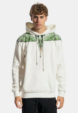 Felpa bianca con cappuccio, design di ali verdi sulle spalle, coulisse, tasca frontale e polsini a costine. Tessuto morbido con vestibilità comoda.