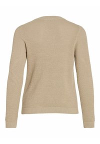 Pull beige en maille à manches longues avec motif texturé et poignets et ourlet côtelés, montré de dos sur fond blanc.
