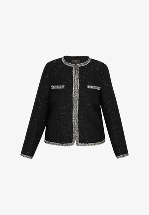 Must mustriidis jakk hõbedase äärega, ümarate kaelustega, kahe esikoti ja tekstuuriga viimistlusega. Esiosa sulgemine ilma nuppudeta.