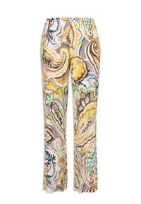 Pantalons à jambes larges multicolores présentant un imprimé paisley floral en jaune, vert, marron et bleu sur un fond clair ; taille élastique.
