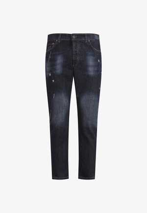 Dunkelblaue Denim-Jeans mit Used-Look und ausgebleichten Stellen. Verfügt über einen normalen Taillenbund, Gürtelschlaufen und ein Fünf-Taschen-Design.