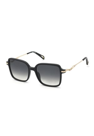 Schwarze quadratische Sonnenbrille mit metallisch goldenen Bügeln und verlaufenden dunkelgrauen Gläsern auf weißem Hintergrund.