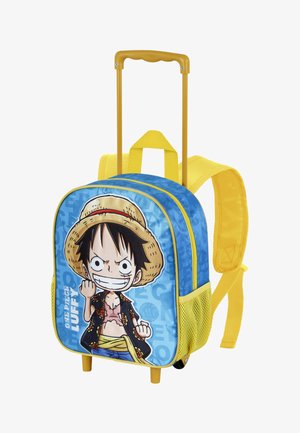 Sac à dos à roulettes pour enfant bleu et jaune avec des bretelles jaunes, présentant un personnage de dessin animé portant un chapeau de paille et une chemise ouverte.