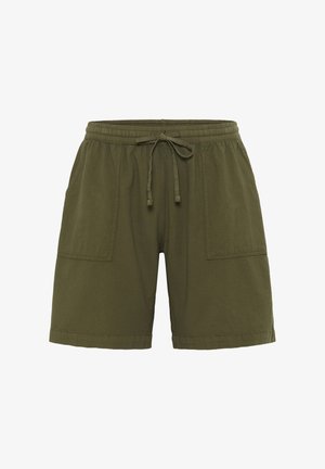 Pantaloni scurți de culoare verde măsliniu, confecționați din bumbac, având o talie elastică cu șnur, două buzunare laterale și un design relaxat.
