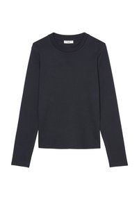 Sort langærmet t-shirt lavet af letvægtsbomuld. Har en rund hals og et simpelt tætsiddende design uden mønstre eller accenter.