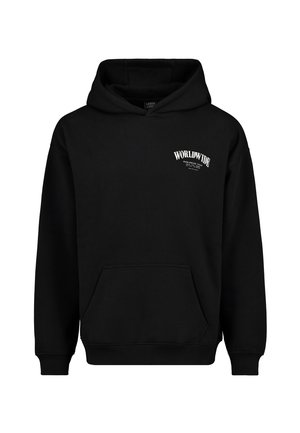 Schwarzer Hoodie aus Baumwolle mit Kängurutasche, versehen mit weißem "WORLDWIDE"-Text auf der Brust und gerippten Bündchen sowie Saum.
