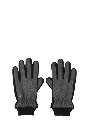 Pair of gray knit gloves with black trim and elastic wrist cuffs laid flat with palms facing down.