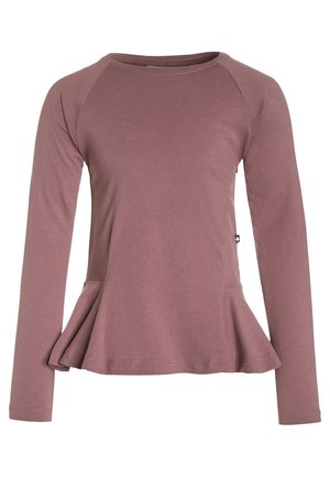 Langärmliges Oberteil in Mauve mit Rundhalsausschnitt und Peplum-Saum, gefertigt aus weichem Stoff, vor weißem Hintergrund dargestellt.