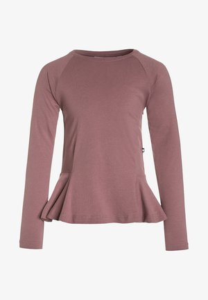 Haut mauve à manches longues avec encolure ronde et détails à l'ourlet péplum, en tissu doux, présenté sur fond blanc.