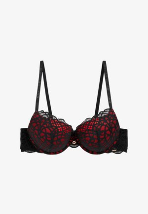 Čierna a červená čipkovaná podprsenka s kvetinovým vzorom, polstrované košíčky, nastaviteľné ramienka, dekoratívny hardvér v strede a zložitá čipkovaná výzdoba.