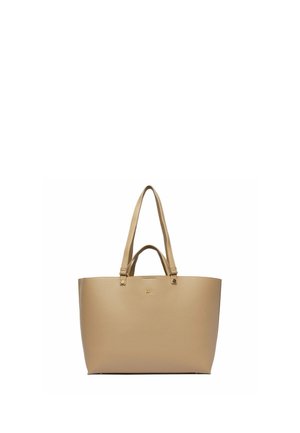Borsa a tracolla in pelle beige con texture, con doppi manici, caratterizzata da un piccolo logo impresso al centro anteriore.