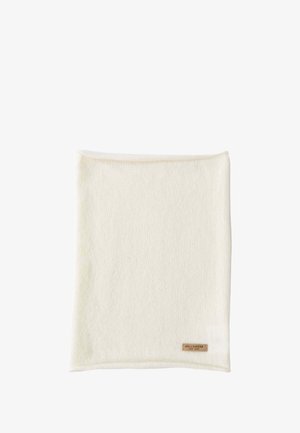 Gaiter collo giallo in lana, forma rettangolare, texture morbida. Presenta un piccolo etichetta in pelle in basso con il nome del marchio "BELLEMERE NEW YORK."