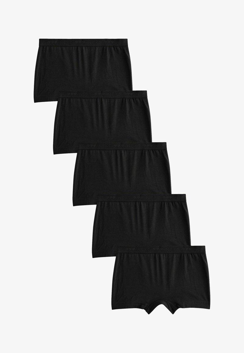 Boxer shorts en coton noir, vendu en pack de cinq, avec une ceinture élastique douce comportant le nom de la marque "NEXT" en relief. Texture lisse.