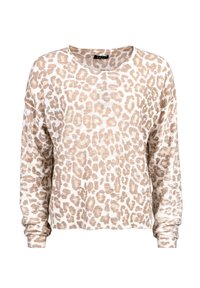 Beige crew neck sweater with a loose fit, featuring a leopard print pattern in darker brown shades. Soft knit texture and ribbed cuffs.
