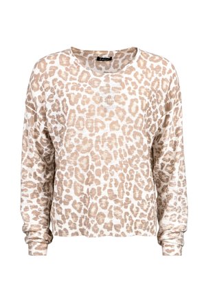 Beige Rundhals-Pullover mit lockerer Passform, der ein Leo-Print-Muster in dunkleren Brauntönen aufweist. Weiche Stricktextur und gerippte Bündchen.