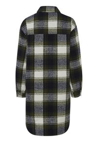 Flannel shirt dress in green, navy, and white plaid. Features a collar, long sleeves, and a straight-cut hemline. Soft texture.