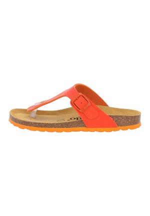 Orange thong sandal with a wide strap, buckle detail, and a cork footbed. Textured rubber sole with an orange accent.