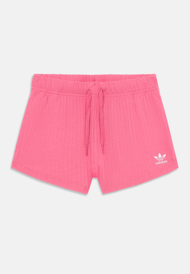 Rosa ribbede shorts med elastisk midje og snøring. Har en liten hvit Adidas-logo på nedre venstre side.