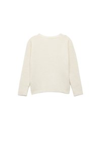 Jasna kremowa sweter z teksturowanym, tkanym wzorem. Okrągły dekolt, długie rękawy oraz ściągacze na dole i na mankietach. Prosty, minimalistyczny design.
