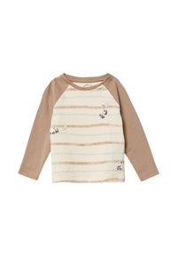 Beżowy t-shirt z długim rękawem w poziome paski w kolorze brązowym. Posiada ilustracje pand oraz guziki na ramieniu. Wykonany z miękkiego materiału bawełnianego.