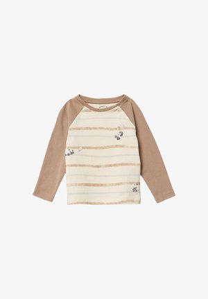 Beżowy t-shirt z długim rękawem w poziome paski w kolorze brązowym. Posiada ilustracje pand oraz guziki na ramieniu. Wykonany z miękkiego materiału bawełnianego.