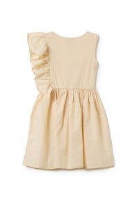 Abito beige chiaro con una manica arricciata, corpetto aderente e gonna svasata. Realizzato in tessuto morbido con una superficie liscia.