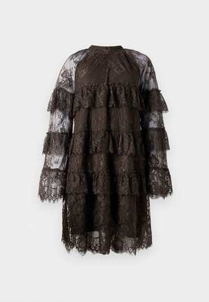 Black lace dress with tiered ruffles, sheer long sleeves, and floral patterns, featuring a high neckline and knee-length hem.