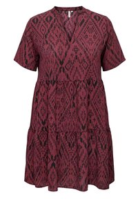 Robe ample à manches courtes en rouge foncé avec motif géométrique abstrait noir et encolure en V, présentant une jupe à volants.