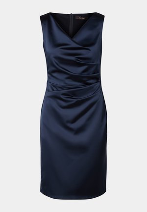 Navy satin dress with a V-neck, sleeveless design, ruched detailing at the waist, and a discreet zipper closure at the back.
