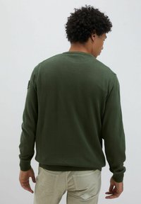 Maglione verde oliva realizzato in tessuto morbido, con orlo e polsini a costine. Senza loghi o motivi visibili. Vista da dietro.