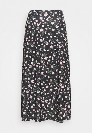 Jupe midi noire avec petit imprimé floral rose et blanc et feuilles vertes, présentée sur fond blanc uni.