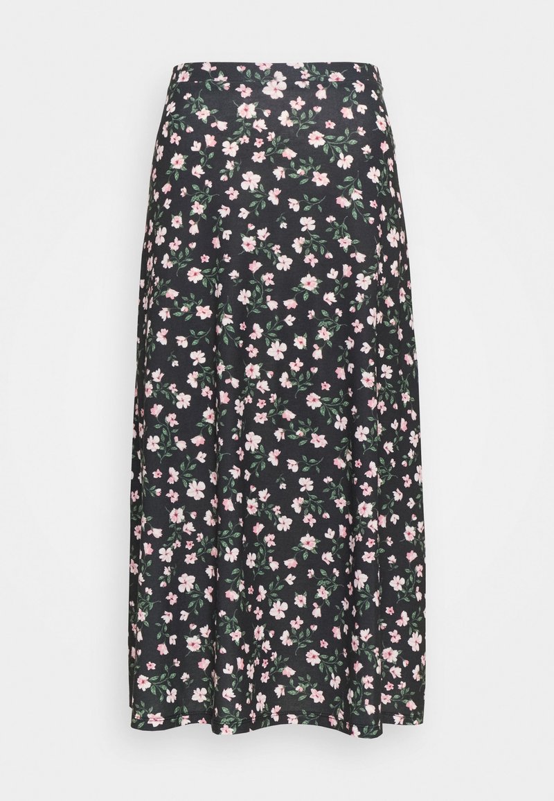 Jupe midi noire avec petit imprimé floral rose et blanc et feuilles vertes, présentée sur fond blanc uni.