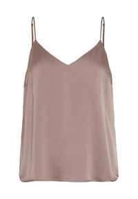 Camisón de satén color malva con delgadas tirantes ajustables y escote en V, mostrado sobre un fondo blanco liso.