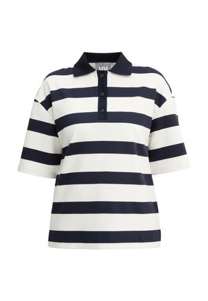 Polo a maniche corte con righe orizzontali bianche e nere e colletto nero con tre bottoni neri.