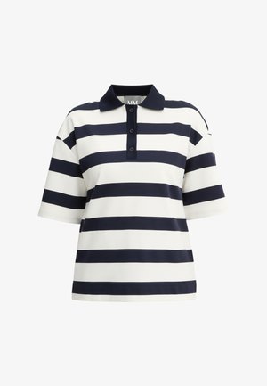 Polo a maniche corte con righe orizzontali bianche e nere e colletto nero con tre bottoni neri.