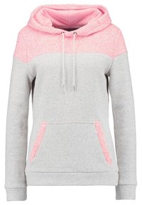Hoodie met een roze gemêleerde bovenkant en een grijze onderkant. Voorzien van een voorzak in kangaroostijl en trekkoorden. Zachte textuur, casual pasvorm.