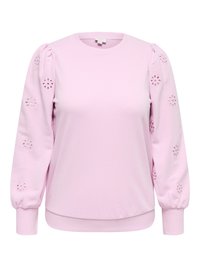 Light pink sweatshirt with puffed sleeves featuring floral cut-out details. Crew neck and ribbed hem; soft cotton fabric.