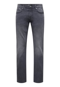 Dark gray denim jeans with a straight leg design, five-pocket style, and subtle texture. Includes button closure and belt loops at the waist.