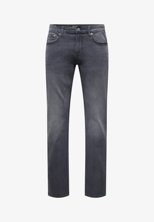 Jeans de mezclilla gris oscuro con un diseño de pierna recta, estilo de cinco bolsillos y una textura sutil. Incluyen cierre de botón y presillas para cinturón en la cintura.