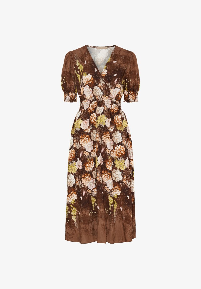 Brun midi kjole med puffærmer, V-hals, strammet talje og blomsterprint i hvide, pink, orange og grønne nuancer.