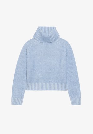 Pull en tricot bleu clair avec un col roulé haut à côtes, des manches longues et une coupe courte. Matière texturée avec des variations de couleur subtiles.
