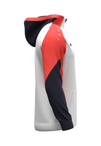 Kapuzenpullover mit weißem Körper, roten und marineblauen Akzenten. Verfügt über ein sportliches Design mit weichem Material, seitlichen Taschen und Knopfdetails.