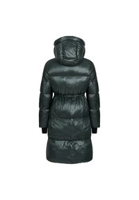 Lange pufferjas in donkergroen met een glanzende afwerking, capuchon, getailleerde taille en zwarte manchetten. Heeft geweven panelen en een halflange snit.