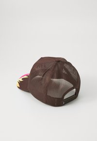 Brown mesh snapback hat with a colorful fabric visor featuring a bold design. Adjustable back with a plastic snap closure for sizing.