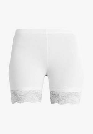 White cotton shorts with a fitted design. Features a lace trim at the hem, highlighting floral patterns. Smooth texture throughout.