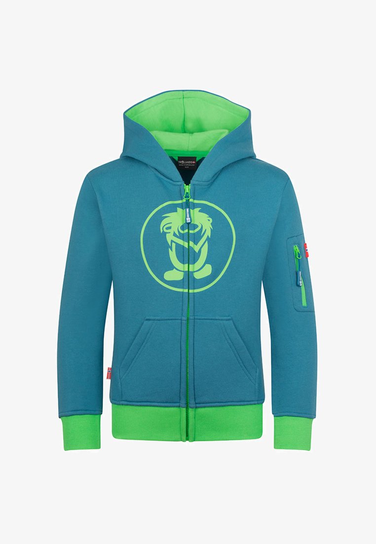 Türkise Zip-Hoodie mit grünem Innenfutter, die eine große gelbe runde Grafik auf der Vorderseite und eine Reißverschlusstasche am rechten Arm hat.