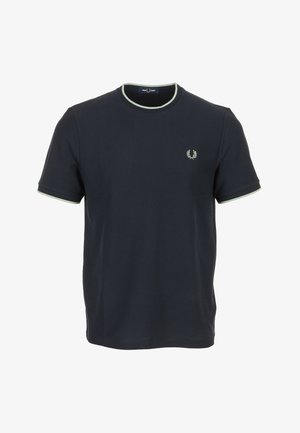 T-shirt a maniche corte blu navy con bordi verde chiaro sul colletto e sulle maniche, piccolo logo di corona d'alloro ricamato sul petto.