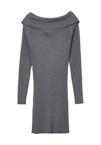 Graues Strickkleid mit gerippter Textur, schulterfreiem Ausschnitt, langen Ärmeln und Mid-Thigh-Länge. Glattes Material mit taillierter Silhouette.