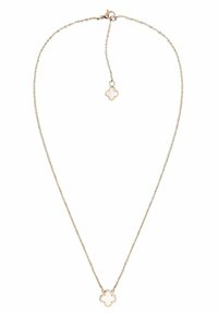 Collier en chaîne dorée avec un pendentif en forme de fleur avec un centre translucide. Maillons délicats et fermoir à homard.